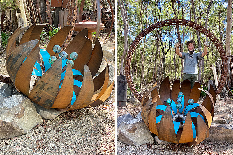 Giant blue ground flower made from secondhand materials by Tread Sculptures in Melbourne, Australia