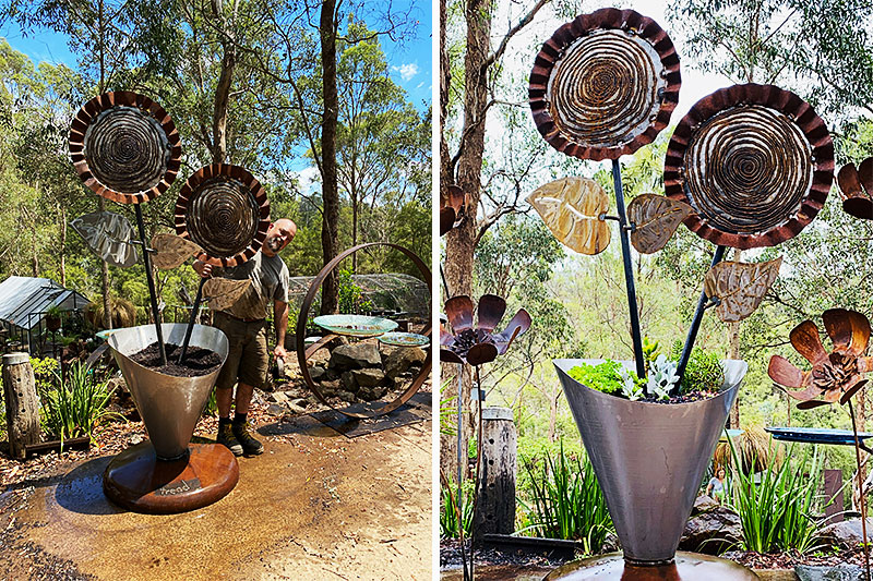 Huge sunflower sculptures made from secondhand materials by Tread Sculptures in Melbourne, Australia