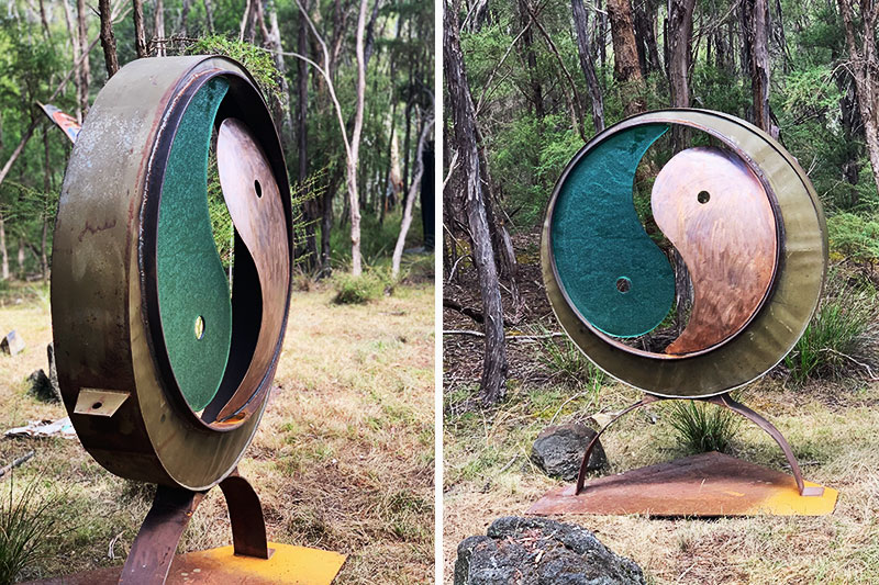 Scrap metal glass yin yang made from recycled materials by Tread Sculptures in Melbourne, Australia