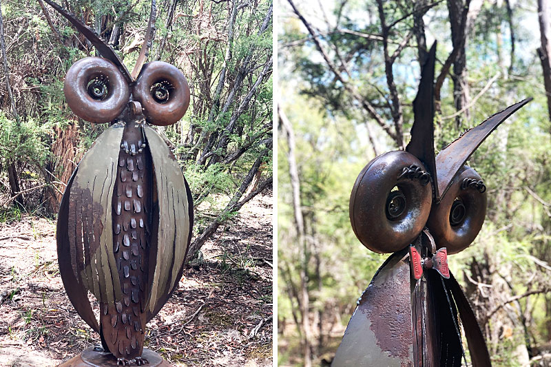Recycled metal owl sculptures handmade by Tread Sculptures in Melbourne, Australia