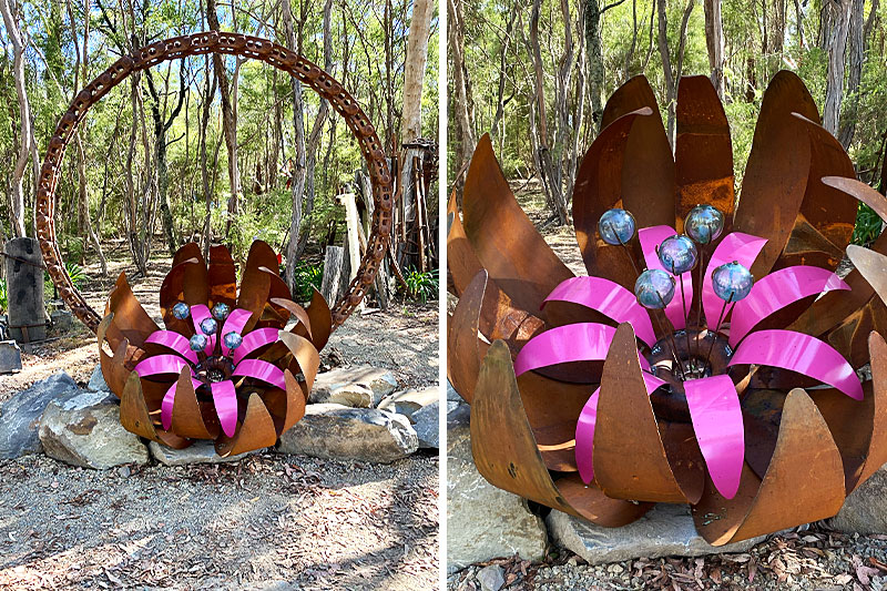 Scrap metal giant pink ground flower made from recycled materials by Tread Sculptures in Melbourne, Australia