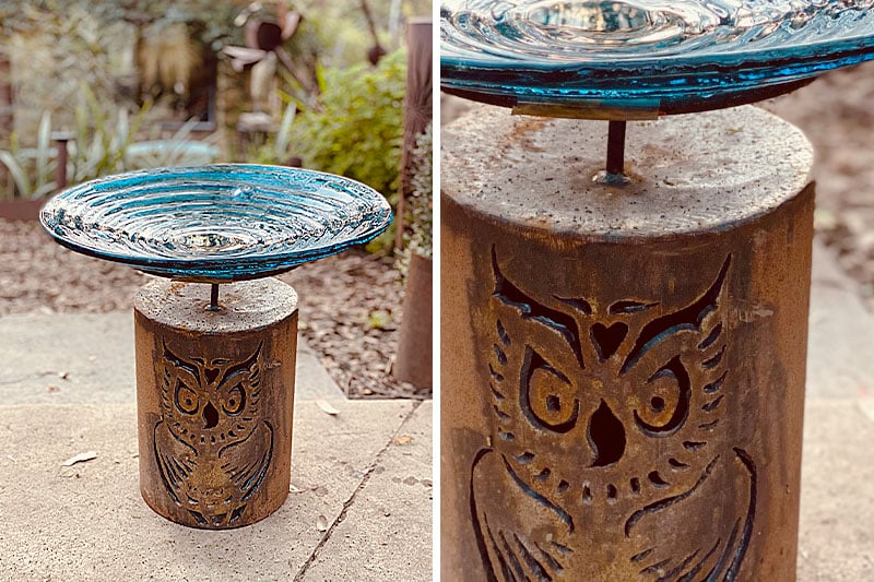 Recycled owl birdbath made from reclaimed materials in Melbourne