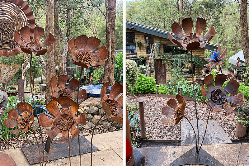 Rusty scrap metal flower garden art made from recycled materials by Tread Sculptures in Melbourne