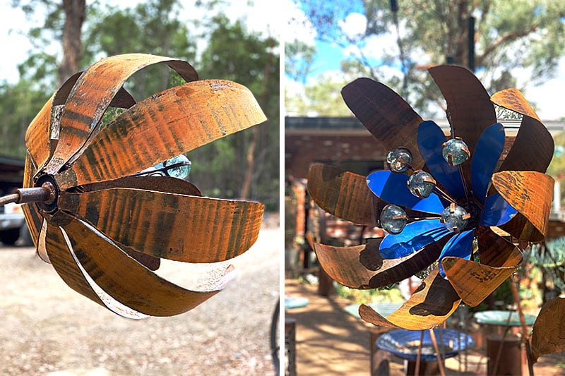 Rusty metal flower sculpture made from recycled materials by Tread Sculptures