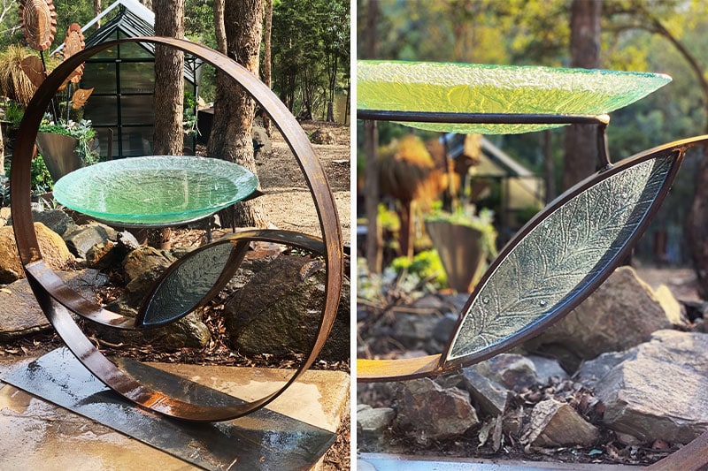 Reclaimed metal birdbath handmade by Tread Sculptures and Rob Hayley in Melbourne, Australia