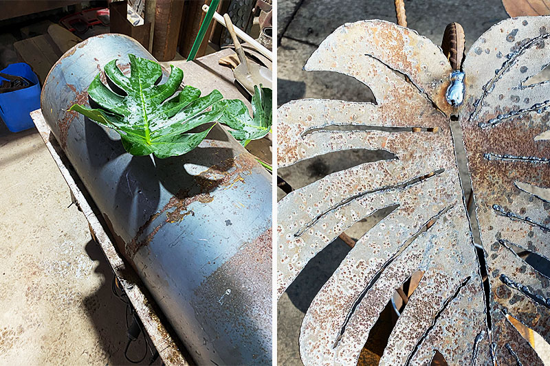Scrap metal Monstera made from reclaimed materials by Tread Sculptures