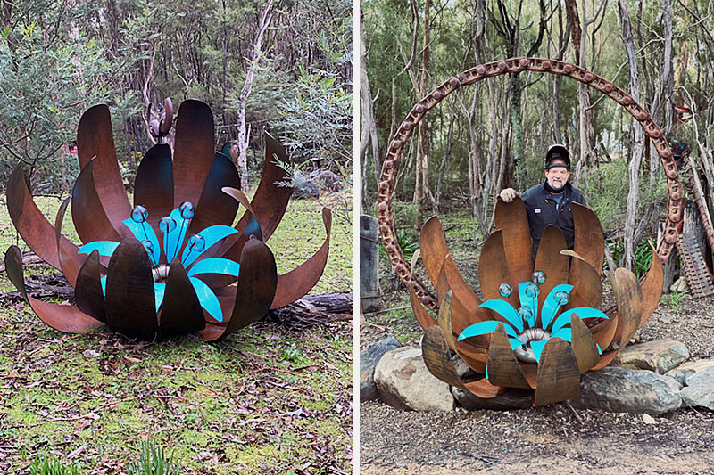 Reclaimed metal aqua blue ground flower handmade by Tread Sculptures