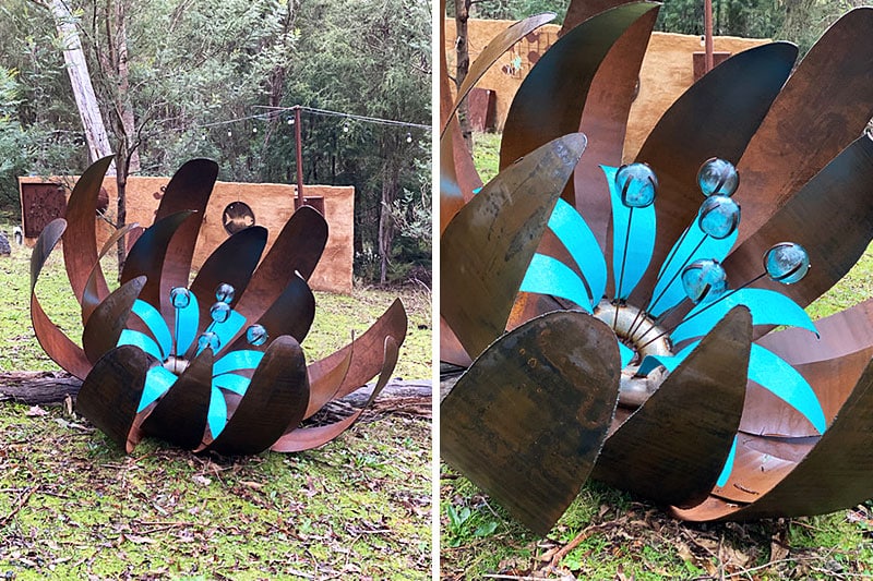 Reclaimed metal aqua blue ground flower handmade by Tread Sculptures