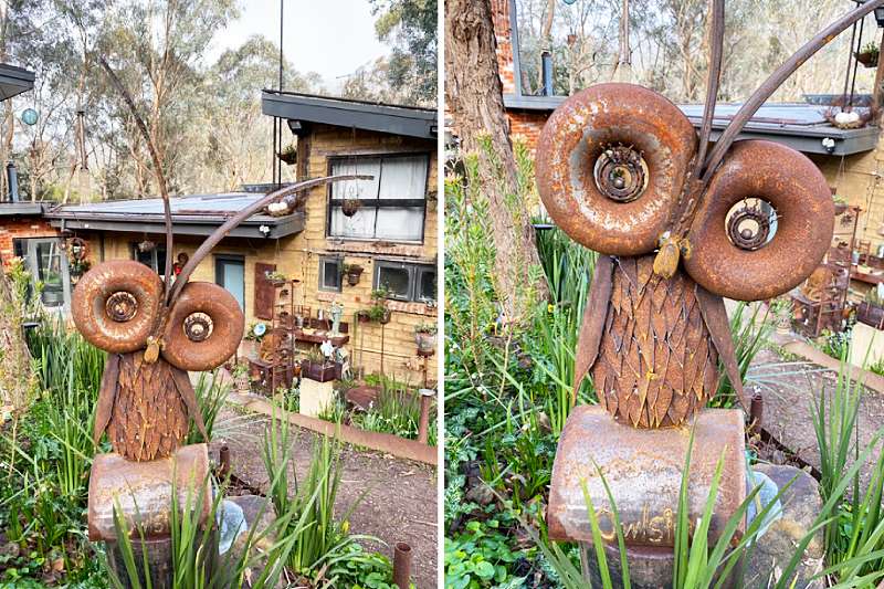 Recycled metal owl sculpture handmade by Tread Sculptures in Melbourne, Australia