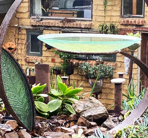 Upcycled metal birdbath handmade by Tread Sculptures in Melbourne, Australia