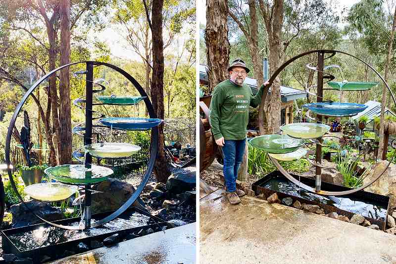 Recycled metal birdbath made by Tread Sculptures in Melbourne, Australia