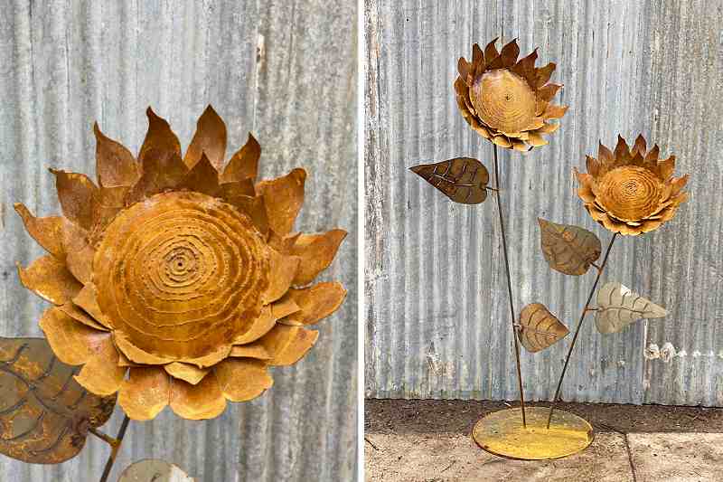Rusty metal sunflower sculpture in Melbourne, Australia