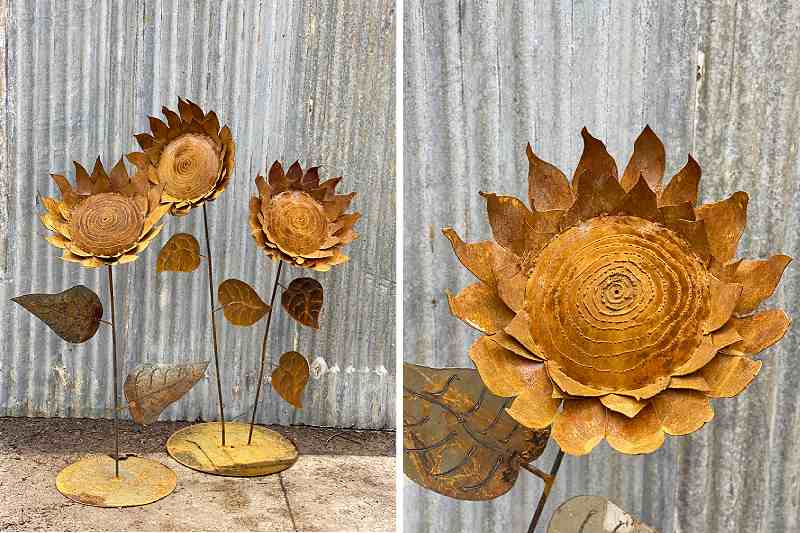 Scrap metal sunflower sculptures made by Tread Sculptures