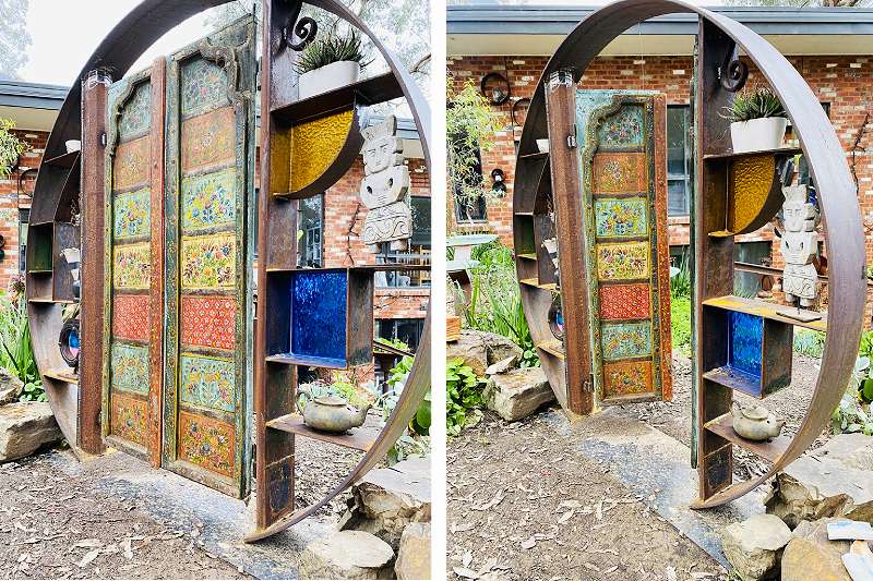 Vintage garden entry made from recycled materials from India