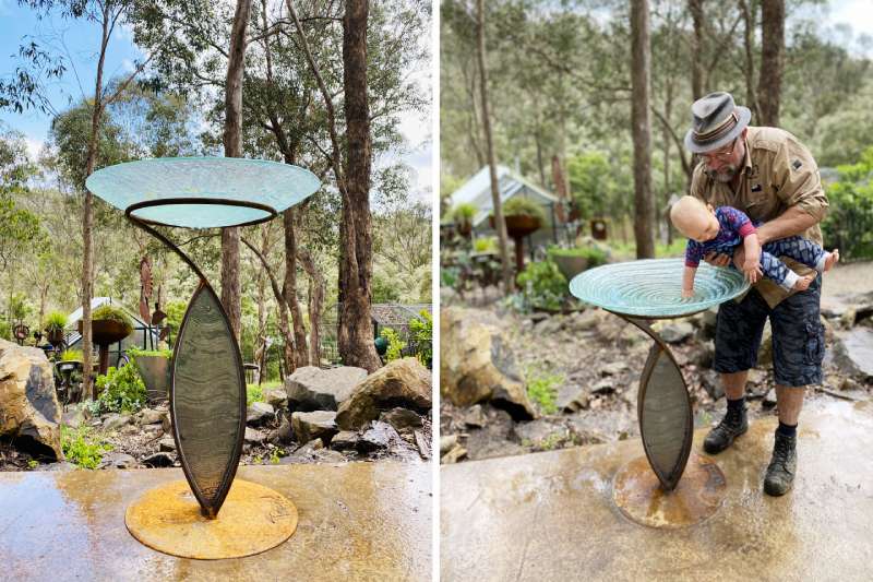 Glass birdbath sculpture made from reclaimed materials