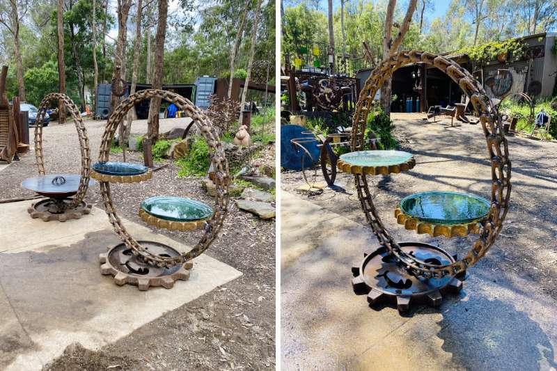 Scrap metal birdbath made from reclaimed excavator truck chain