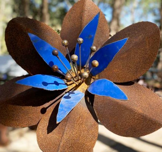 Reclaimed blue ground flower sculpture