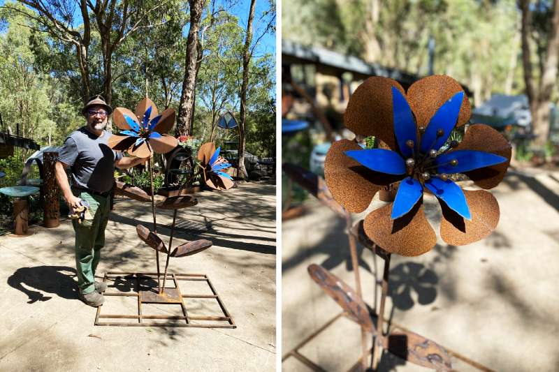 Reclaimed blue ground flower sculpture