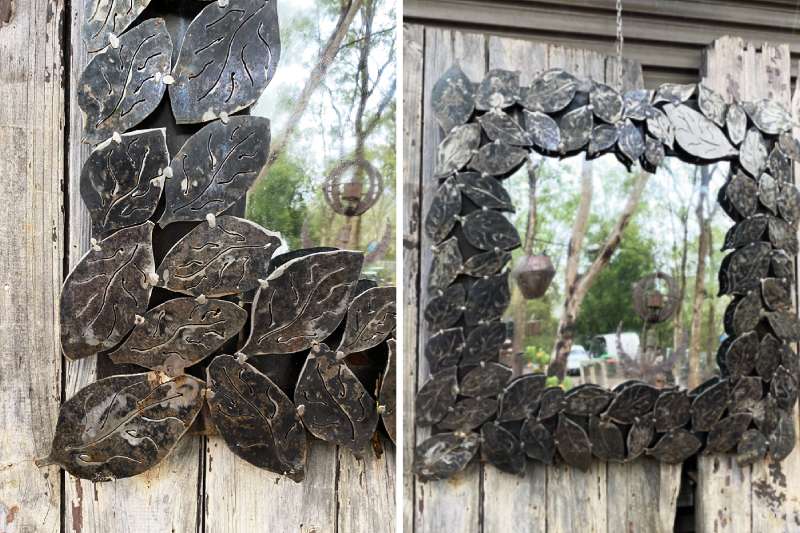 Square metal leaf mirror made from recycled materials