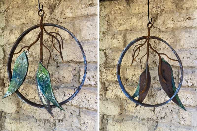 Single Sided with two large glass leaves Winter Gums is sculpted from reclaimed material with steel leaves plasma cut by hand to form the base for the glass.