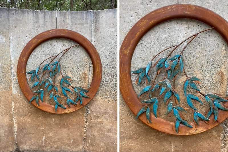 Scrap metal wall piece handmade by Tread Sculptures