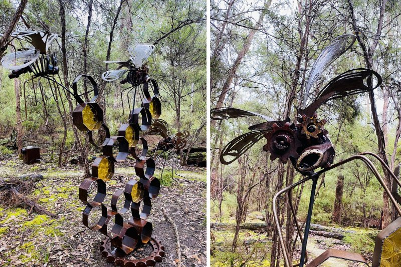 Reclaimed glass and metal bee sculpture