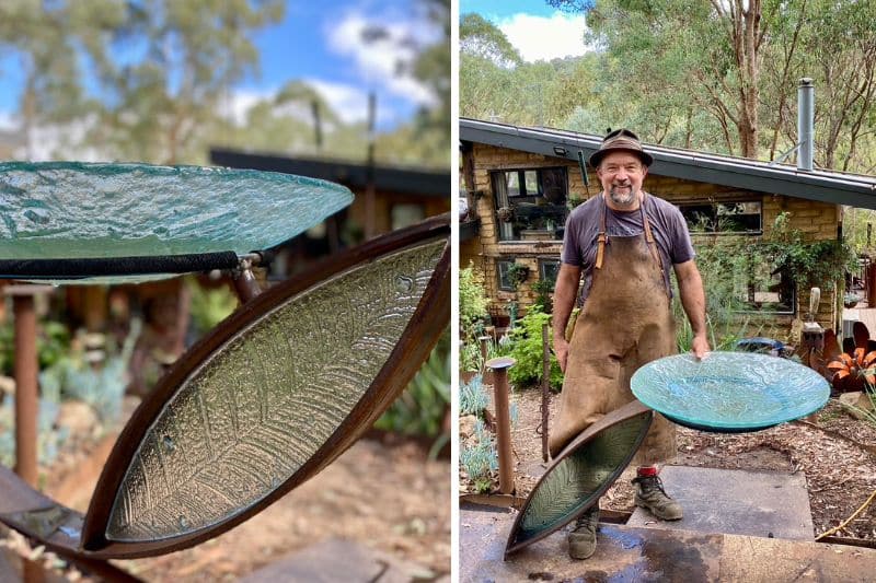 Scrap metal leaf birdbath made from recycled materials handmade by Tread Sculptures