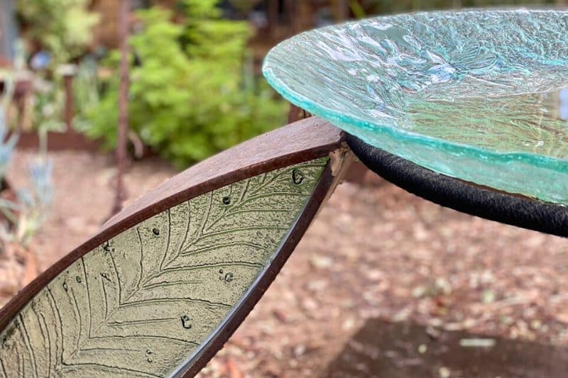 Scrap metal leaf birdbath made from recycled materials handmade by Tread Sculptures