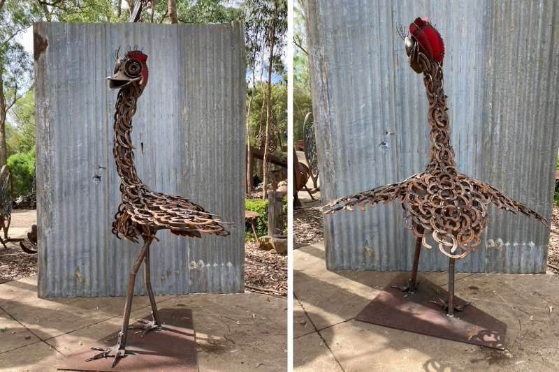 Quirky ostrich sculpture made from recycled materials