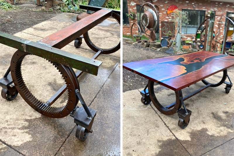 A steam punk table crafted from recycled materials, featuring unique gears and metallic accents, adding character and industrial charm to any space.