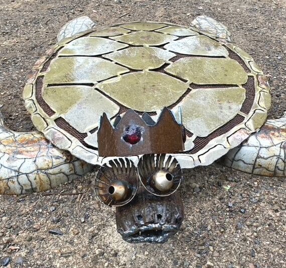 Whimsical sea turtle sculpture made from reclaimed materials