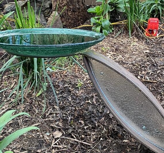 Upcycled metal levered birdbath in Melbourne, Australia. Handmade by Tread Sculptures