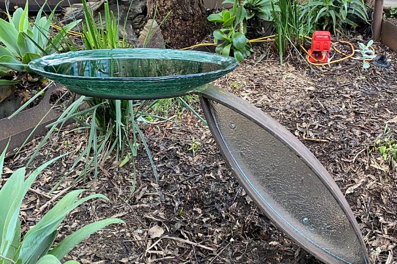 Upcycled metal levered birdbath in Melbourne, Australia. Handmade by Tread Sculptures