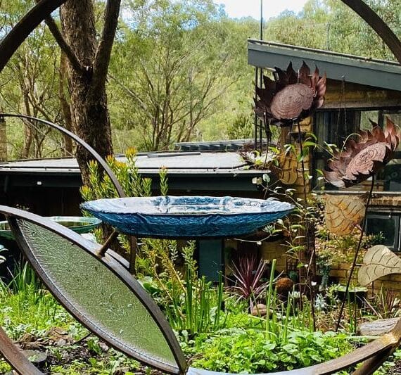 Scrap metal birdbath in Melbourne, Australia. Handmade by Tread Sculptures