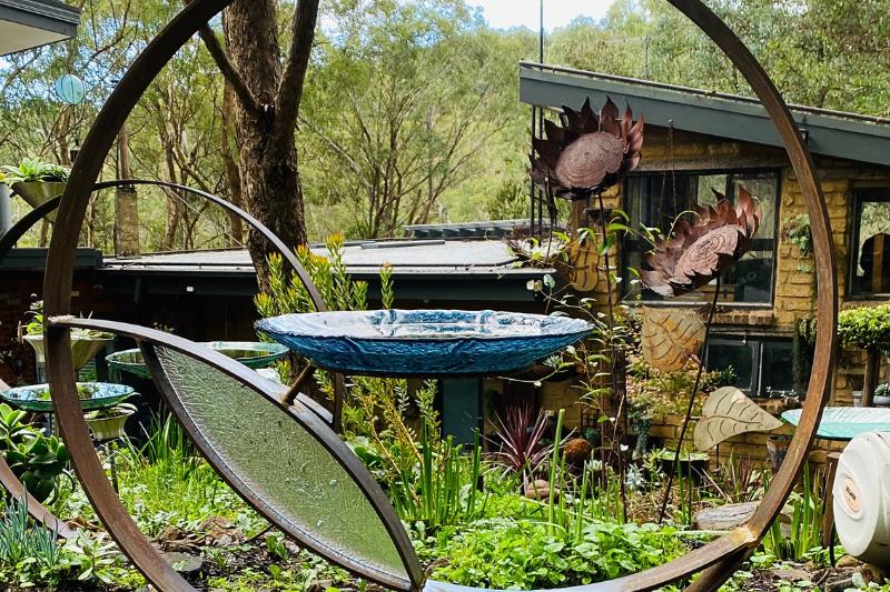 Scrap metal birdbath in Melbourne, Australia. Handmade by Tread Sculptures