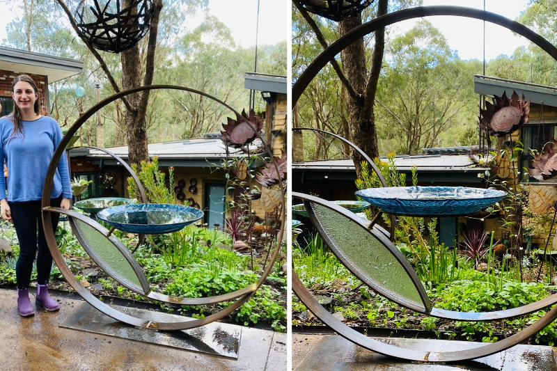 Scrap metal birdbath in Melbourne, Australia. Handmade by Tread Sculptures