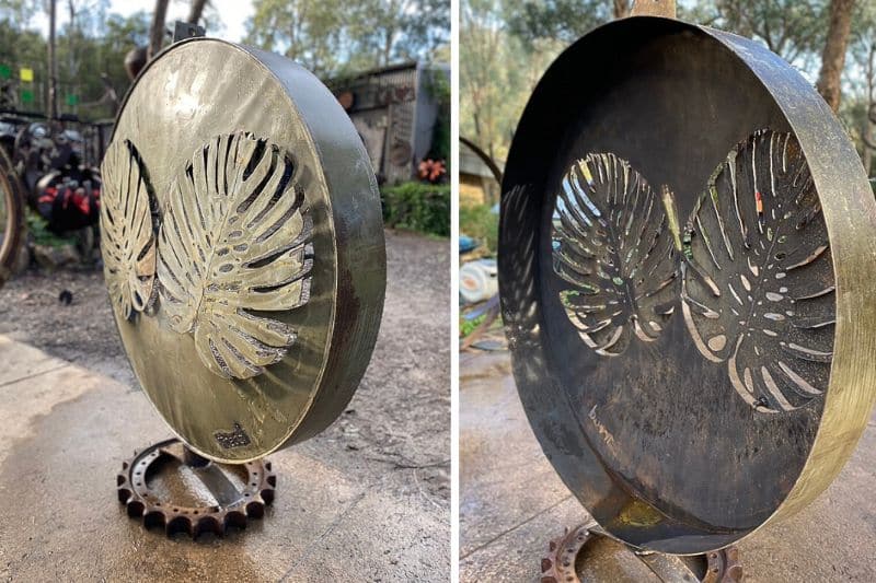 Upcycled monstera metal sculpture made by Tread Sculptures