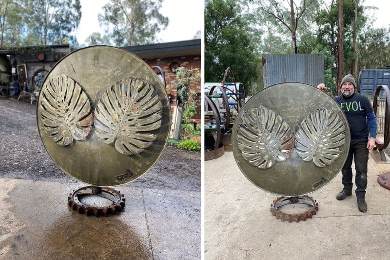 Upcycled monstera metal sculpture made by Tread Sculptures