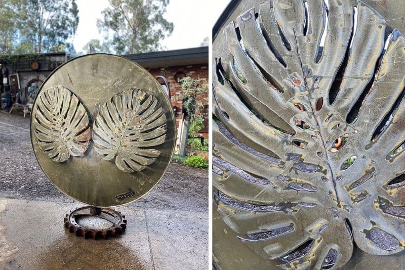 Upcycled monstera metal sculpture made by Tread Sculptures