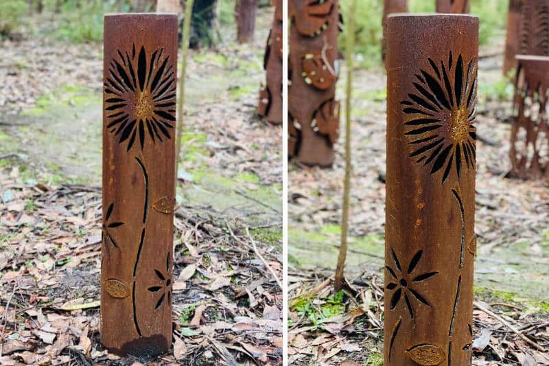 Artistic sunflower and daisies scrap metal bollard by Tread Sculptures in Melbourne, Australia