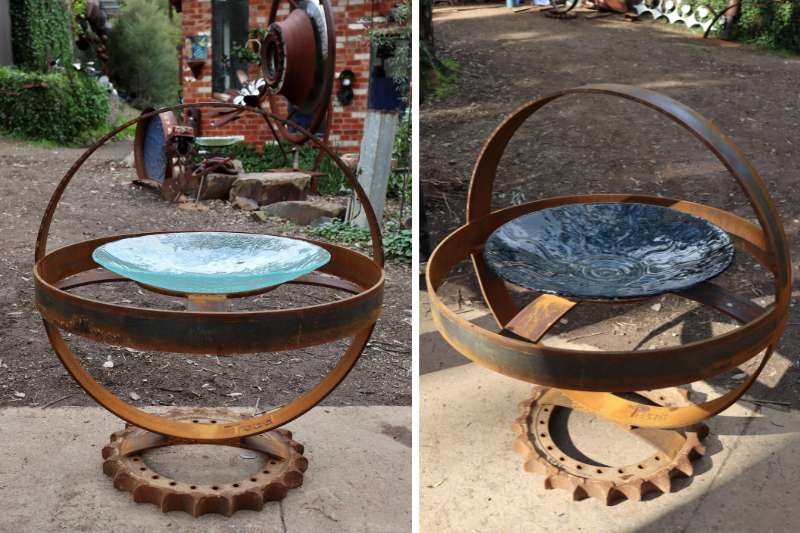 Recycled metal and glass birdbath
