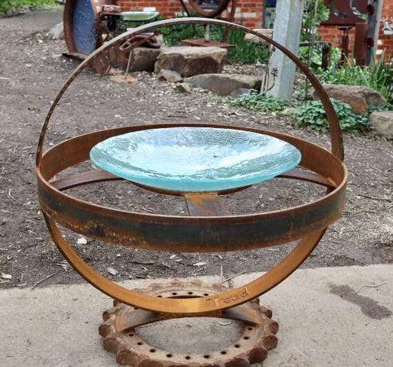 Recycled metal and glass birdbath