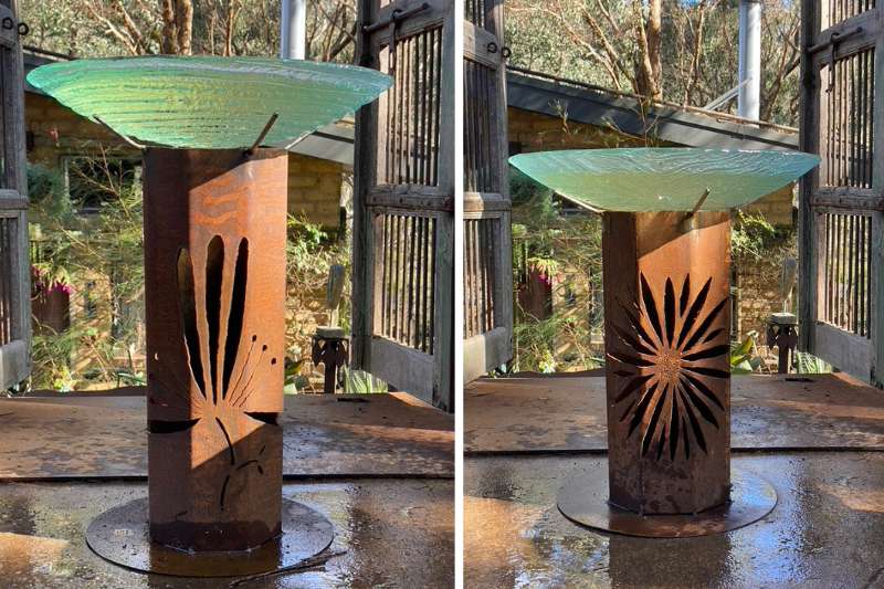 These bollard birdbaths are created from a large diameter section of reclaimed steel.