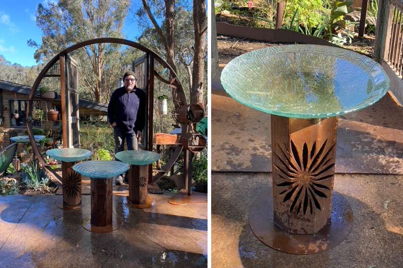 These bollard birdbaths are created from a large diameter section of reclaimed steel.