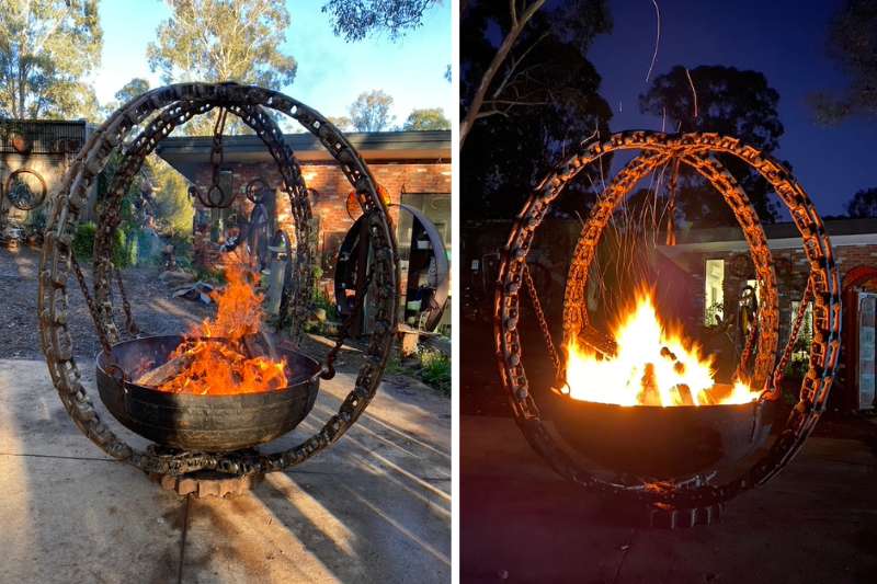This 10mm thick hand riveted cauldron is hung from big chains and hooks in a reclaimed excavator track chains painstakingly welded from both sides into perfect circles
