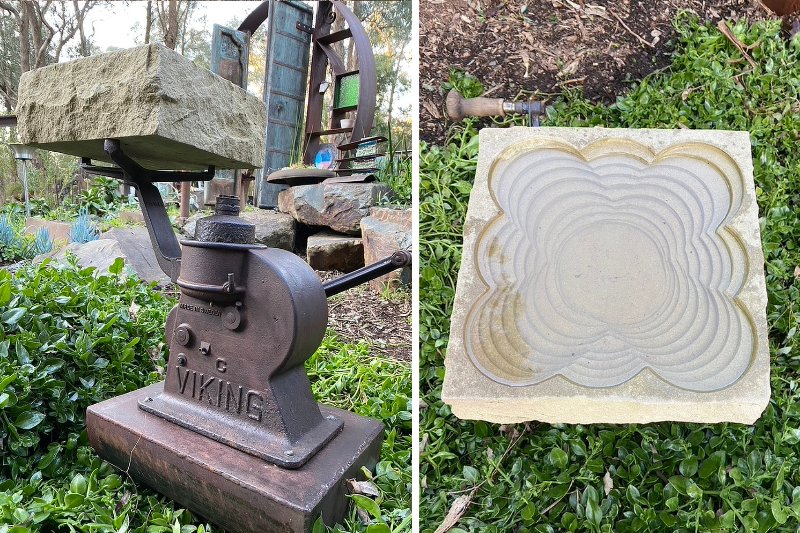 A repurposed Viking industrial pump with a unique stone base and timber handle, celebrating craftsmanship and the fusion of materials.