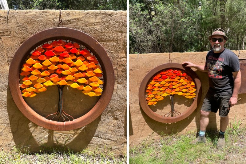 Unique autumn glass sculpture made from steel and reclaimed materials