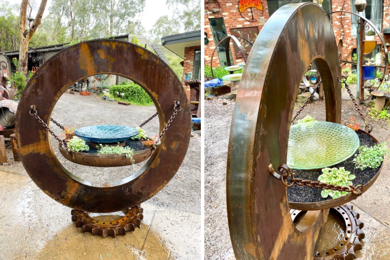 A blend of new and reclaimed steel, the standout material is the large spun metal donut in the centre