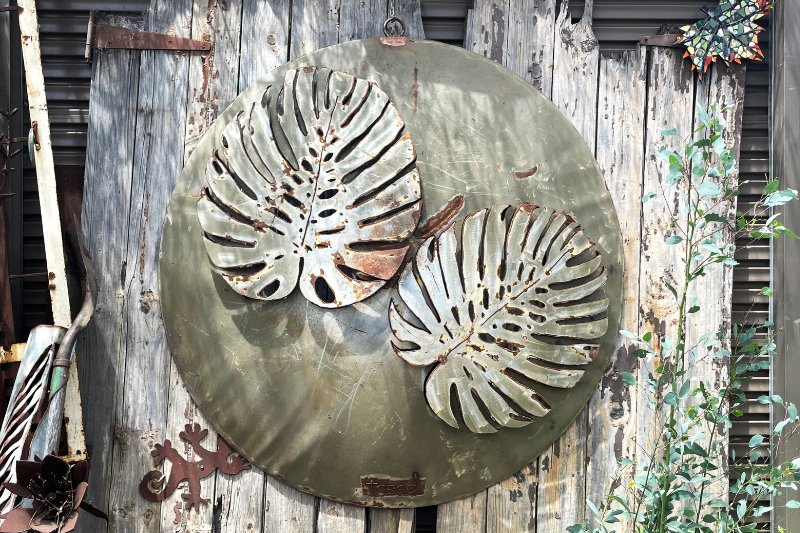 Reclaimed metal monstera sculpture in Melbourne, Australia