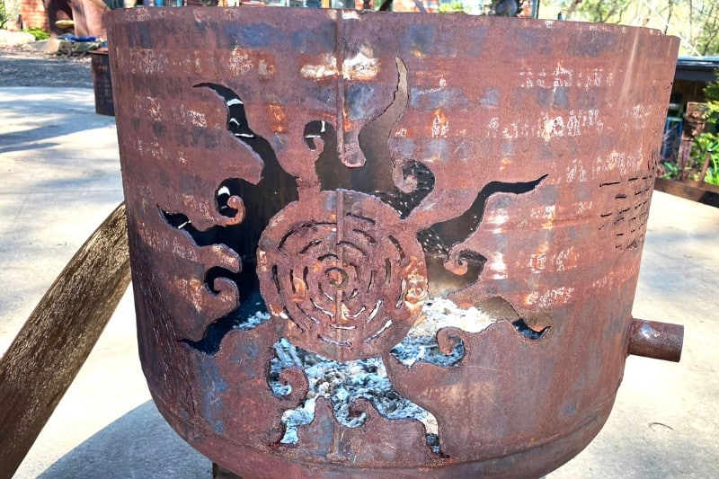Reclaimed steel small firepit with handcut details